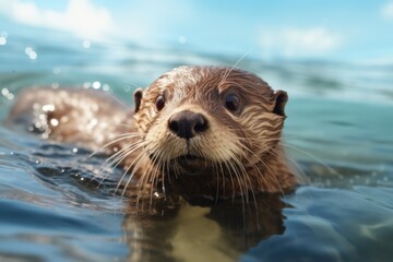 An otter swimming in water - obrazy, fototapety, plakaty