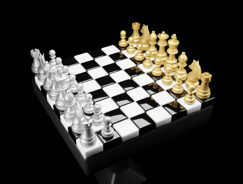 A chess board with a full set of figures in the starting position. Board games. Business and life. Logic and smarts. 3D rendering image.