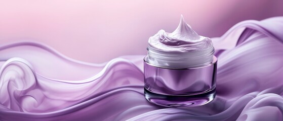 Makeup Product Advertisement. Light Purple Cosmetics Cream Bottle.