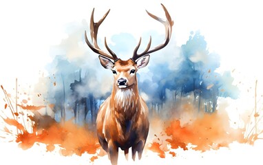 This vector illustration depicts a majestic deer in a beautiful watercolor style