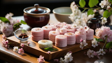 Obraz na płótnie Canvas Japanese dessert mochi with matcha green tea powder and cherry, japanese tea ceremony