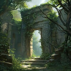 Craft an ancient ruins scene surrounded by overgrown vines and mysterious symbols, Generative ai.