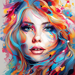 Blond girl with blue eyes. Abstract colorful AI illustration 001
