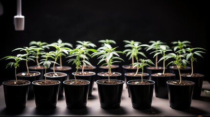 Small cannabis plants in pots under a white light