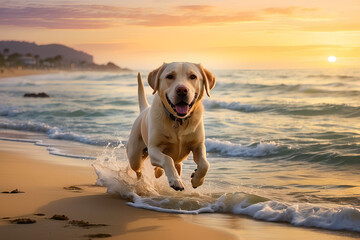Labrador's Delightful Run on Sunset Beach Under the Mesmerizing Evening Sky