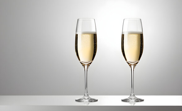 Two champagne glasses on a simple white background, Valentine's Day, Christmas. Generative AI