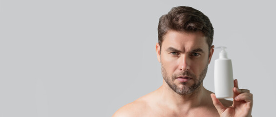 Skincare. Isolated studio banner. Organic cosmetics for man. Beauty man presentation beauty skin...