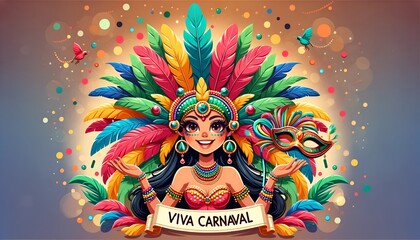 Illustration of a joyful girl character with colorful mask for the goa carnival. 
