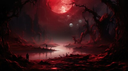 Alien Landscape with Red Moon