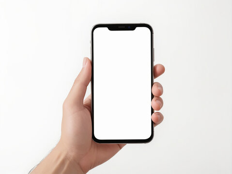 Illustration of a person's hand holding a handphone, facing a room with a white handphone screen and a white background
