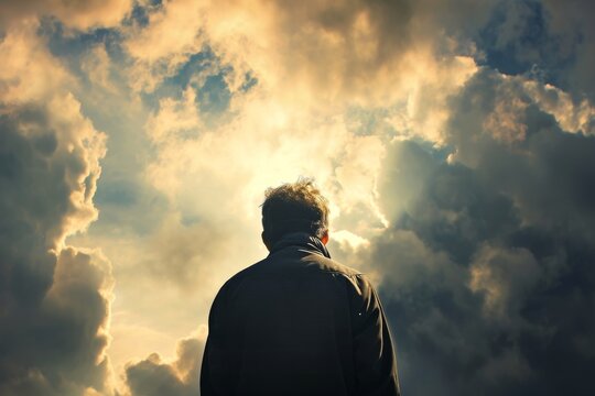 Person From Behind Looking Up At A Dramatic And Atmospheric Sky Filled With Clouds