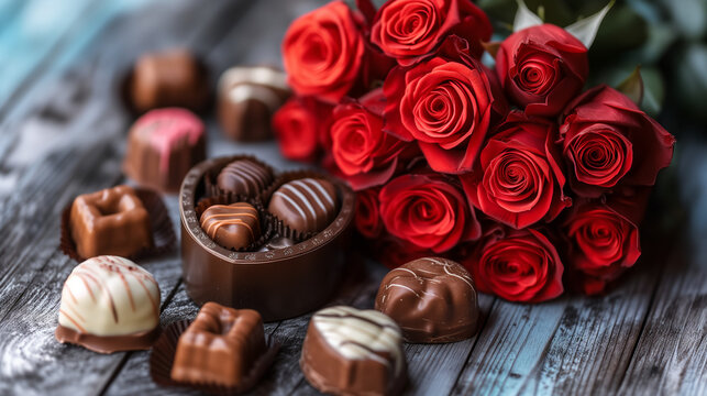 Valentine day. A romantic still life photograph capturing a bouquet of vibrant red roses and a heart-shaped box of chocolates, bathed in soft natural light, showcasing the velvety petals, rich.