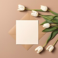 Minimalistic card mockup with tulip, white flower, craft envelope, flat lay, top view. Generative Ai