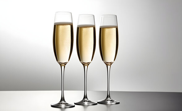 Three champagne glasses on a simple white background, Valentine's Day, Christmas. Generative AI