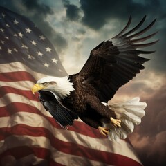 Naklejka premium eagle flying in the sky holding an American flag in its talons, Bald eagle flying with the American flag Ai generated