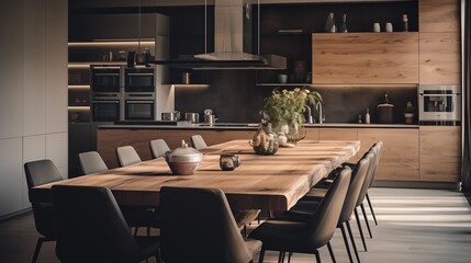 modern kitchen with oak wood dining table