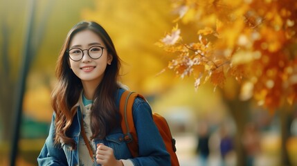Beautiful Student Asian Girl with Backpack and Glasses in the Park, Autumn. Education Learning
