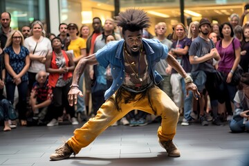 A street performer captivating an audience with an energetic dance routine, their movements synchronized to upbeat music. - obrazy, fototapety, plakaty
