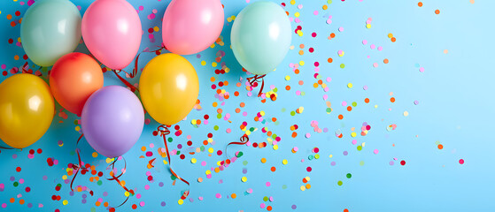 Colorful Balloons and Confetti on Blue Background