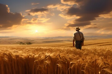 A farmer tending to crops in a vast, sun-drenched field.