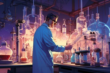 A scientist in a lab coat carefully conducting experiments in a state-of-the-art laboratory, surrounded by beakers, test tubes, and high-tech equipment.