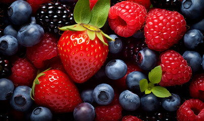 Fototapeta premium Berries background. Blackberries, raspberries, blueberries and strawberries