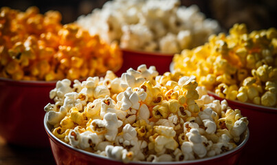 Bowls of popcorn on a wooden background. Selective focus.