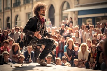 A street performer entertaining a captivated audience in a vibrant city square.