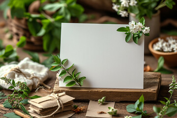 Post paper Card Mockup, Wedding Invitation card Mockup Flat lay Photography against the dried plant and white flowers