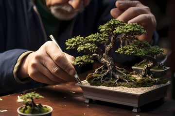 A gardener pruning a bonsai tree with precision and care, shaping it into a miniature work of art, displaying patience and craftsmanship.