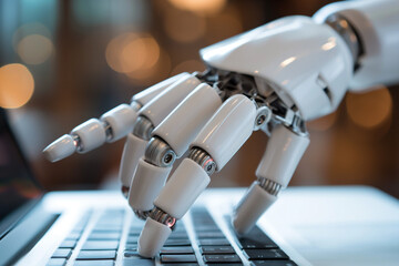 Obraz premium Robot hands and fingers point to laptop button advisor chatbot robotic artificial intelligence concept 