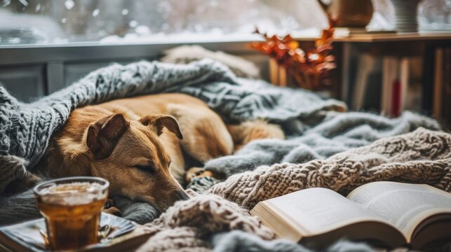 cozy winter home with dog sleeping on bed on warm blanket, pet, cute, domestic, puppy, adorable, home, brown, canine, white, happy, bed, young, small, sofa, terrier, relaxation