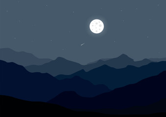 Naklejka na ściany i meble Landscape with mountains at night. Vector illustration in flat style.