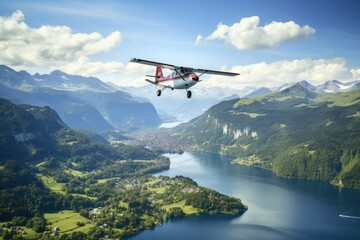 Fototapeta na wymiar Paragliding over the Swiss lakes.