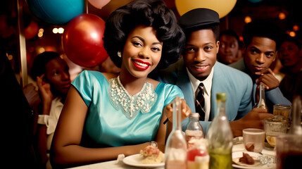 African American Party - Group of Friends in Restaurant - Retro