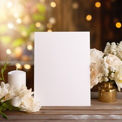 Obraz premium Mockup white blank space card, for greeting, table number, wedding invitation template on wedding table setting background. with clipping path. Generative Ai