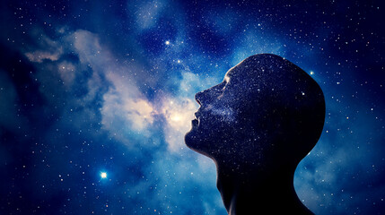 A Man Meditates Against the Background of the Starry Sky