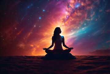 Woman sitting in meditation, lotus pose in cosmic rays of light, connecting with the universe, galaxy background, copy space. Mental health, self care, fitness, mindfulness, wellbeing concept. - obrazy, fototapety, plakaty