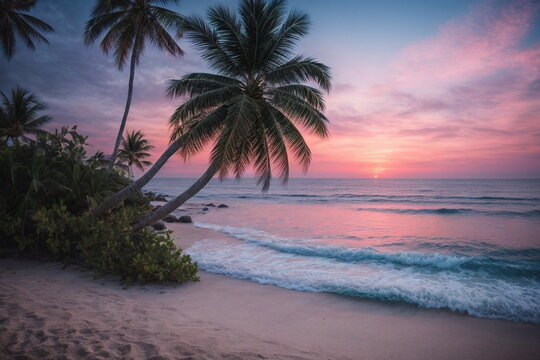 Tropical beach background on sunset in pastel pink blue colors. Travel, Summer vacation. Poster