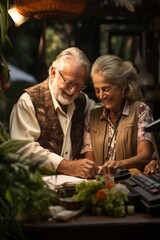 Fototapeta na wymiar Elderly couple researching travel deals to plan their dream retirement vacation, Generative AI