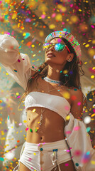Young beautiful woman at carnival, having fun, feeling good, having a great time, wearing carnival festival outfit.
