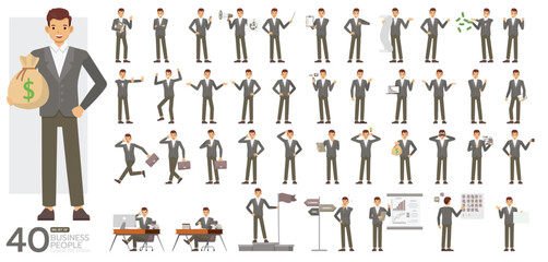 Big Set of office man wear grey suit character vector design. Presentation in various action. People working in office planning, thinking and economic analysis.