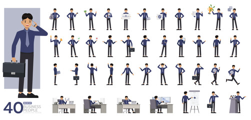Big Set of office man wear blue shirt with tie character vector design. Presentation in various action. People working in office planning, thinking and economic analysis.