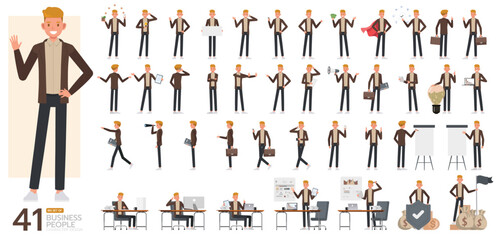 Big Set of office man wear brown suit character vector design. Presentation in various action. People working in office planning, thinking and economic analysis.