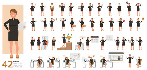 Big Set of working woman wear black dress color character vector design. Presentation in various action. People working in office planning, thinking and economic analysis.