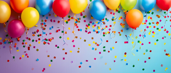 Group of Balloons and Confetti on Blue Background