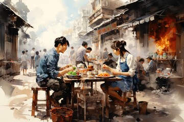 Sampling street food in Hanoi, Vietnam.  - obrazy, fototapety, plakaty