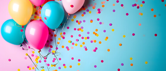 Colorful Balloons With Confetti on Blue and Pink Background