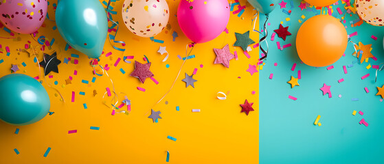 Colorful Balloons and Confetti on Yellow and Blue Background