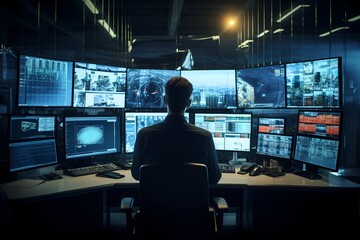 A security guard monitoring screens in a high-tech control room.